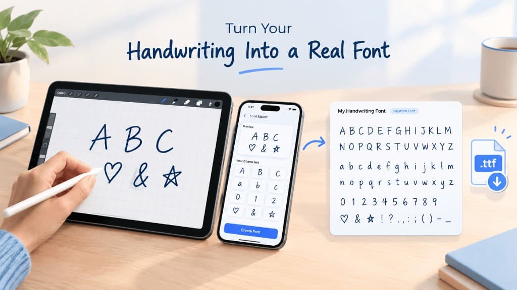 iPad and iPhone showing handwritten letters turned into a downloadable .ttf font
